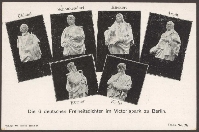 Die sechs ursprünglichen Dichterhermen im Viktoriapark. Belegt auf einer alten Postkarte
